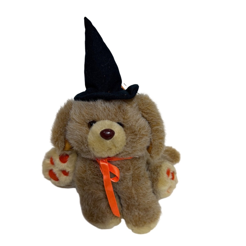 Vintage Halloween Plush Puppy Dog Witch Hat Orange Ribbon Brown Stuffed Animal